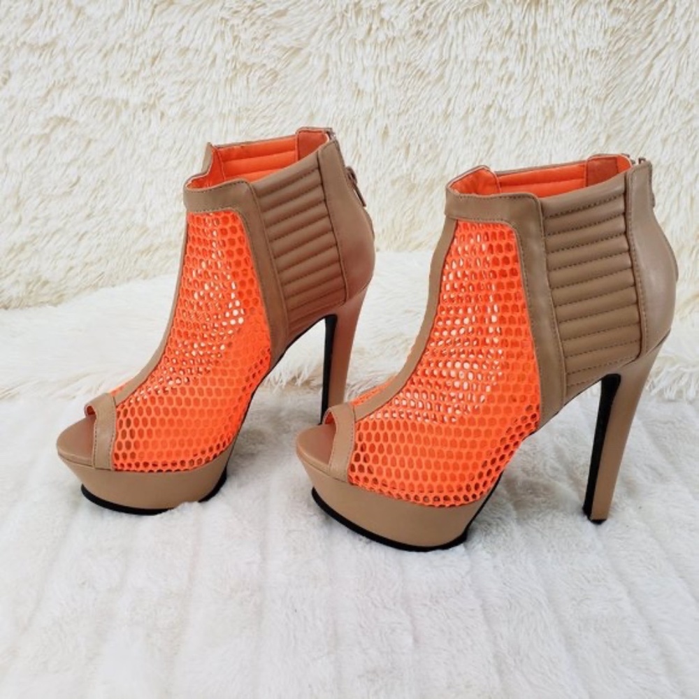 * Privileged Bright Orange Mesh Open Toe 6" Platform Heel Ankle Boots